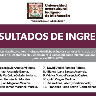 Resultados de ingreso al Doctorado en Ciencias para la Sostenibilidad e Interculturalidad (Generación 2024-2028).